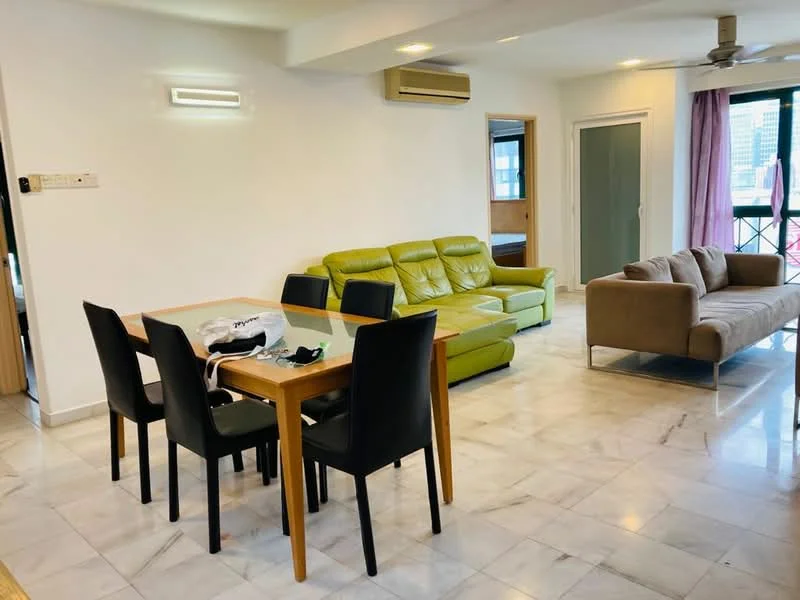 Living features: green leather sofa, beige fabric sofa, wooden dining table, 4 black dining chairs, marble flooring, wall-mounted air conditioning unit, recessed ceiling lights, sliding glass door, curtains, decorative wall light; style: modern; view: city.