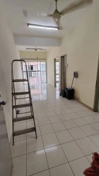 Room features: white painted walls, glossy ceramic tile flooring, ceiling fan, sliding glass door, floor-to-ceiling windows, natural light from windows, ladder, mop, cleaning bucket; style: modern.