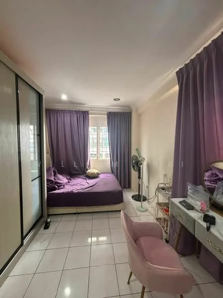 Bedroom features: queen-size bed with purple bedding, floor-to-ceiling sliding wardrobe, white walls, purple curtains, window with grid pattern, ceiling light fixture, white tiled flooring, dressing table with mirror, pink upholstered chair, standing fan; style: modern.