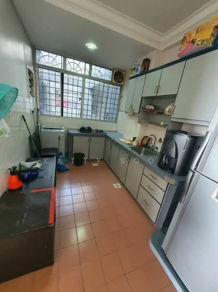 Kitchen features: grey cabinetry, white tiled walls, red tiled flooring, stainless-steel fridge, built-in oven, single-bowl stainless-steel sink, chrome pull-down faucet, countertop with grey surface, window with grid pattern, washing machine, open shelving, kitchen island with seating, wall-mounted storage, light fixture on ceiling; style: modern.