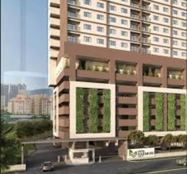 Exterior type: mid-rise condominium; features: glass curtain wall, cream painted facade, green vertical gardens, recessed balconies, feature lighting, manicured landscaping, entrance sign, surrounded by urban context; style: modern.