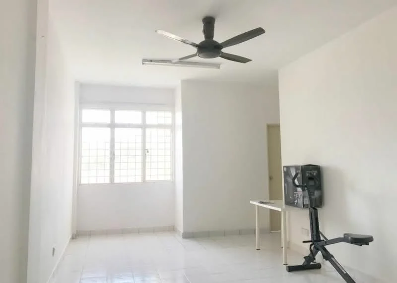 Room features: white painted walls, white tiled flooring, 5-blade ceiling fan, large windows with grid pattern, exercise equipment, table, natural light, minimalist decor; style: minimalist.