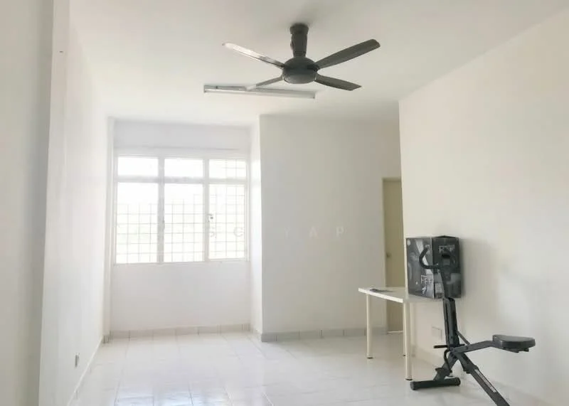 Room features: white painted walls, white tiled flooring, 5-blade ceiling fan, large windows with grid pattern, exercise bike, table, natural light, minimalist decor; style: minimalist.