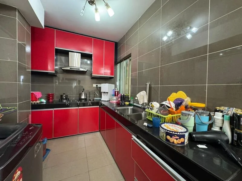 Kitchen features: red cabinetry, black countertop, stainless-steel range hood, built-in oven, freestanding range oven, single-bowl stainless-steel sink, chrome pull-down faucet, ceramic tile flooring, recessed downlights, window with view to outside, various kitchen utensils and containers, dish rack, microwave; style: modern.