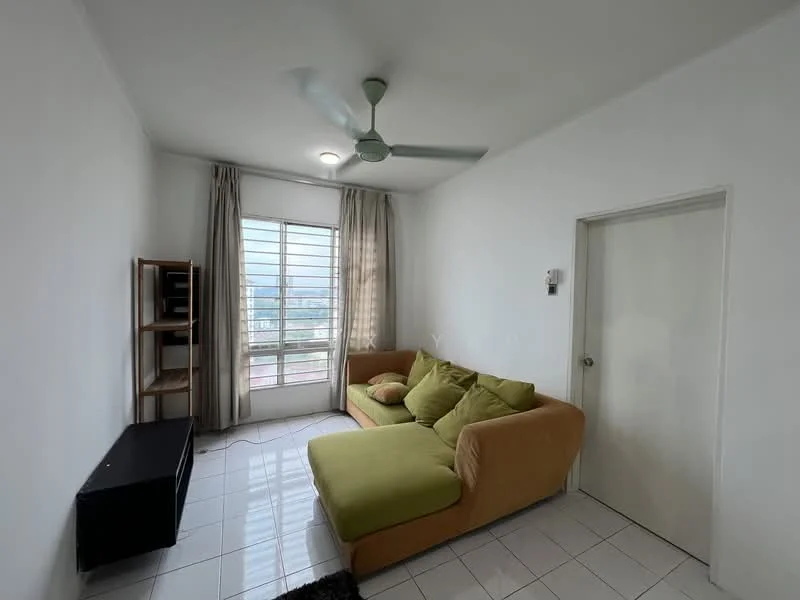 Living features: 3-seater fabric sofa in green and beige, ceiling fan, floor-to-ceiling window, curtains, white painted walls, white tiled flooring, black TV console, wooden shelving unit, decorative area rug; style: modern; view: city.