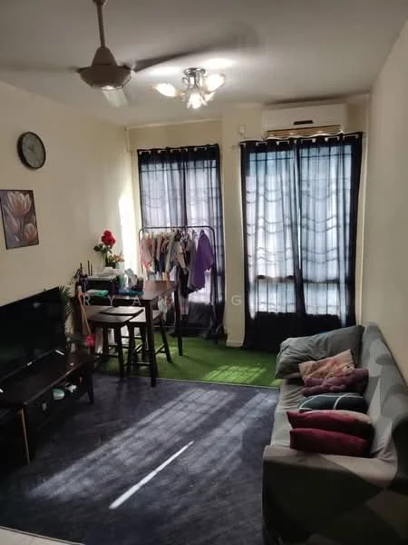 Living features: 3-seater fabric sofa in grey, coffee table, wall-mounted TV, ceiling fan with light, floor-to-ceiling windows with sheer curtains, blackout curtains, area rug, decorative wall clock, green carpet flooring, clothes rack with hanging clothes, potted plant; style: modern.