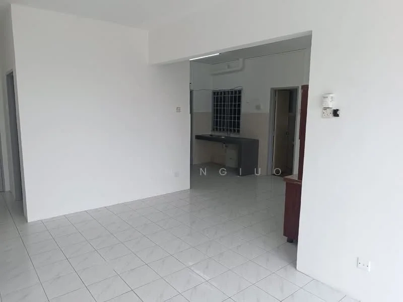 Room features: white painted walls, glossy white tile flooring, large window with grid pattern, open layout, kitchen area visible in the background, ceiling-mounted air conditioning unit, neutral color scheme, no visible furniture; style: modern.