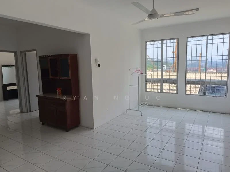 Living features: white painted walls, glazed tile flooring, 5-blade ceiling fan with light, large windows with metal grills, wooden sideboard, open layout, natural light from windows, view of the outside; view: city. Room features: white painted walls, glazed tile flooring, large windows with metal grills.