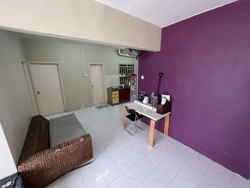 Living features: purple accent wall, cream painted walls, white tiled flooring, sofa with wicker base, dining table with black legs, kitchenette with cabinets, stainless-steel sink, built-in stove, exhaust hood, refrigerator, wall-mounted air conditioning unit; style: modern.