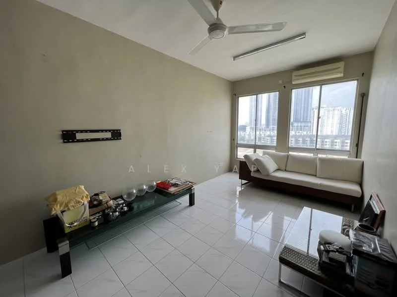Living features: white painted walls, glossy white tile flooring, floor-to-ceiling windows, ceiling fan, sofa with cushions, glass coffee table, decorative items on table, air conditioning unit, TV console, natural light from windows; style: modern; view: city.