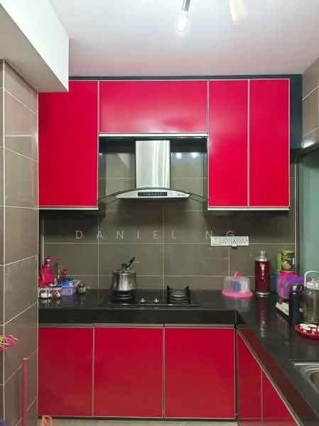 Kitchen features: red cabinetry, black countertop, stainless-steel range hood, 4-burner gas hob, stainless-steel pot on stove, kitchen utensils on countertop, wall tiles with grey finish, under-cabinet lighting; style: modern.