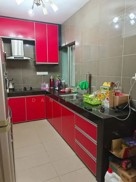 Kitchen features: red cabinetry, black countertop, stainless-steel fridge, built-in oven, 4-burner gas hob, stainless-steel range hood, double-bowl stainless-steel sink, window with green view, ceramic tile flooring, recessed downlights, kitchen utensils and containers, wall-mounted shelves; style: modern.