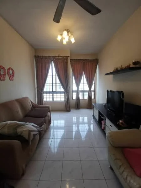 Living features: 2-seater fabric sofa in beige, 3-seater fabric sofa in brown, coffee table, TV console, wall-mounted TV, floor-to-ceiling windows, sheer curtains, dropped ceiling with light fixtures, white tiled flooring, decorative wall shelf, area rug; style: modern; view: city.
