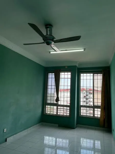 Room features: green painted walls, white tiled flooring, 5-blade ceiling fan with light, floor-to-ceiling windows, sheer curtains, city view, recessed lighting, crown moulding; style: modern; view: city.