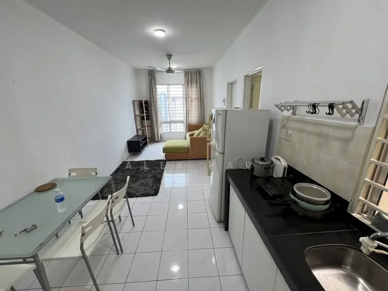 Kitchen features: white painted walls, white tiled flooring, stainless-steel sink, chrome pull-down faucet, black countertop, built-in cabinets, refrigerator, stove, kitchen utensils, dining table with four chairs, area rug, ceiling fan; style: modern; view: city. Living features: grey fabric sofa, coffee table, TV console, wall-mounted TV, large window with sheer curtains, area rug; style: modern; view: city.