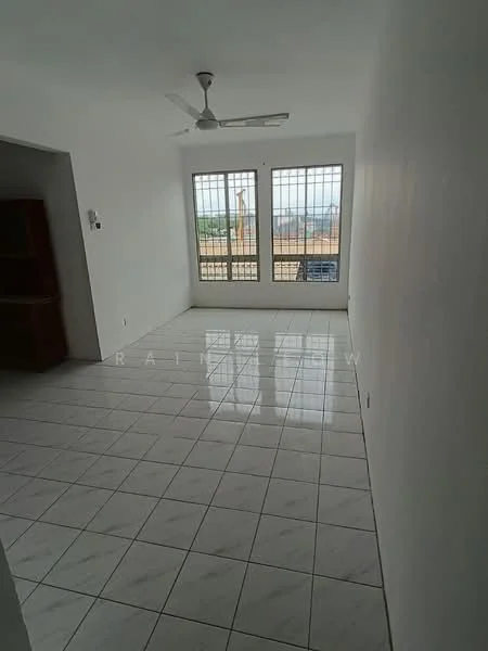 Room features: white painted walls, glossy white tile flooring, ceiling fan, large windows with metal grilles, view of outdoor area, neutral color scheme, no visible furniture, bright natural light; style: modern; view: garden.