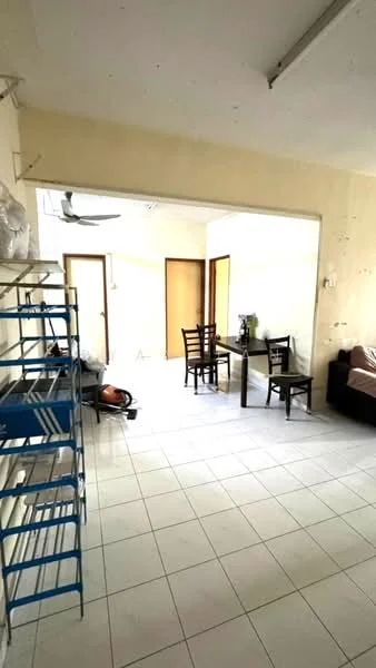 Room features: white painted walls, tiled flooring, ceiling fan, dining table with chairs, open layout, shelving unit, doorways leading to other rooms, natural light from windows.
