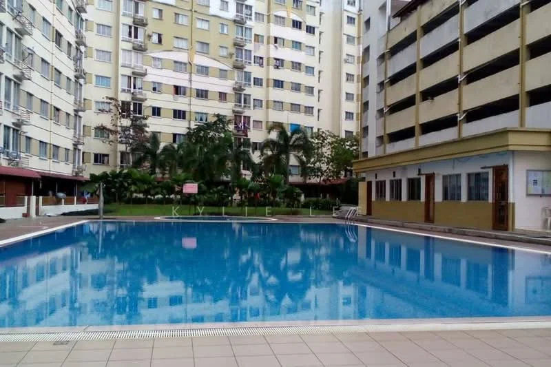 Exterior type: mid-rise condominium; features: swimming pool, pool deck with loungers, landscaped garden with palm trees, surrounding residential buildings, parking deck, manicured lawn; style: modern.