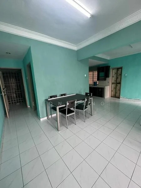 Dining features: light blue painted walls, white tiled flooring, 6-seater dining table with metal legs, black dining chairs, recessed ceiling lights, open layout to kitchen, doorway leading to hallway, window with natural light; style: modern. Kitchen features: kitchen cabinetry with wood finish, countertop with space for appliances, stainless-steel sink, built-in stove, tile backsplash, window for ventilation; style: modern.