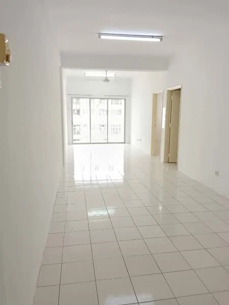 Room features: white painted walls, glossy white floor tiles, recessed ceiling lights, sliding glass door, floor-to-ceiling windows, neutral color scheme, open layout, natural light from windows; style: modern.