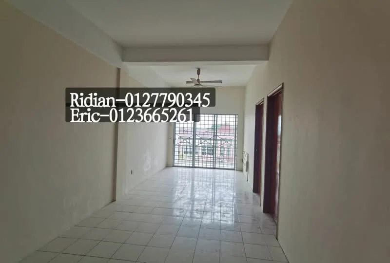 Room features: white painted walls, ceramic tile flooring, ceiling fan, floor-to-ceiling windows, sliding glass door, view of city skyline; view: city.