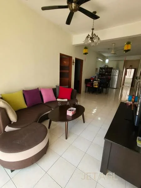 Living features: L-shape sectional sofa in brown, colorful throw pillows in pink and purple, round coffee table with wooden legs, wall-mounted TV, TV console in dark wood, white tiled flooring, ceiling fan with light, chandelier, decorative wall art, open layout to dining area, doorway leading to other rooms; style: modern.