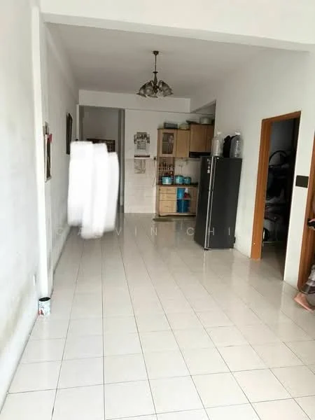 Room features: white painted walls, glossy tile flooring, ceiling light fixture, open layout, kitchen cabinetry, stainless-steel fridge, blue storage containers, wooden door, visible utility area; style: modern.