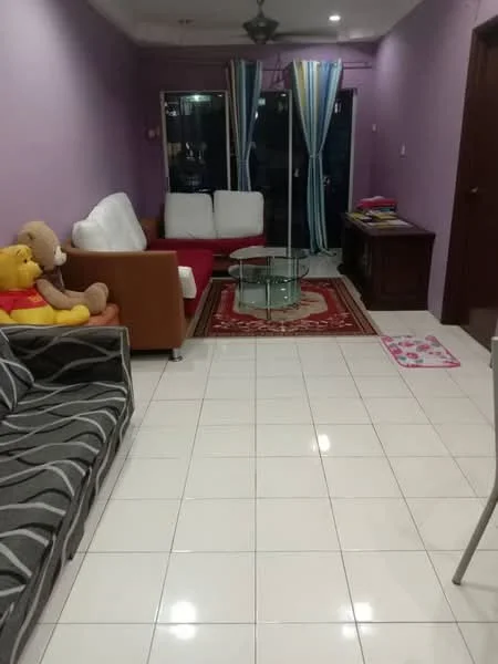 Living features: purple painted walls, white tiled flooring, 5-blade ceiling fan, sofa in white, sofa in brown, glass coffee table, area rug with geometric pattern, wooden TV console, curtains with stripes, decorative wall art, stuffed bear, side table; style: modern.