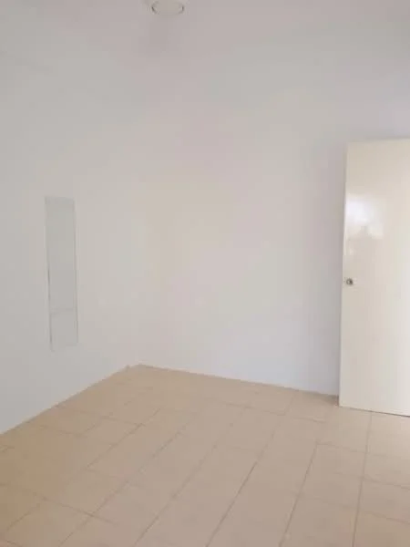 Room features: white painted walls, tile flooring, plain ceiling, single door, mirror on wall; style: minimalist.