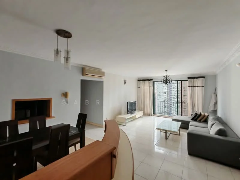 Living features: grey fabric sofa, coffee table, wall-mounted TV, TV console, floor-to-ceiling windows, sheer curtains, recessed downlights, ceiling fan, area rug, decorative wall, white painted walls, marble tile flooring; style: modern; view: city. Dining features: 6-seater dining table, dark wood dining chairs, open layout to living area; style: modern.