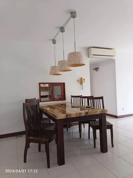 Dining features: wood dining table with glossy finish, 4 wooden dining chairs, 3 pendant lights with fabric shades, wall-mounted air conditioning unit, white painted walls, glossy white tile flooring, built-in shelving unit, decorative wall sconce; style: modern.
