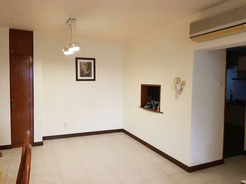 Dining features: white painted walls, tile flooring, recessed ceiling lights, wall-mounted air conditioning unit, wooden dining table, wooden chairs, framed artwork on wall, niche with decorative items.