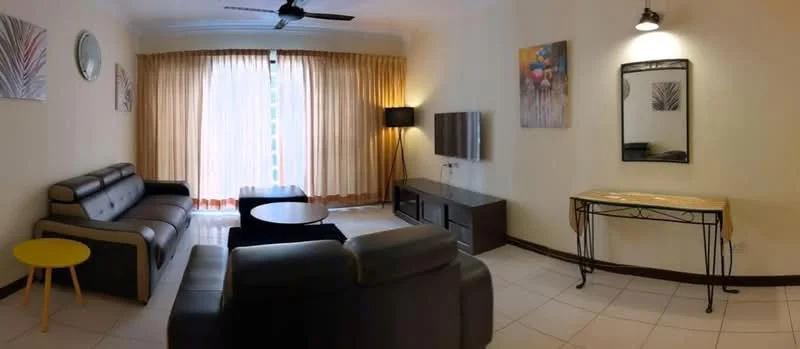 Living features: 3-seater fabric sofa in grey, 2-seater leather sofa, round coffee table in black, small round side table in yellow, TV console in dark wood, wall-mounted flat-screen TV, floor lamp with black shade, decorative mirror, framed artwork, curtains in light beige, tile flooring in white, ceiling fan with light, wall-mounted sconce lighting; style: contemporary.