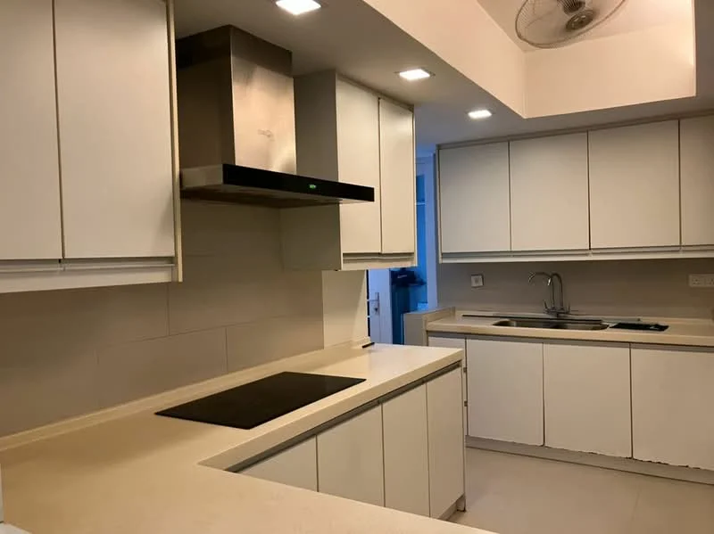 Kitchen features: white cabinetry, stainless-steel range hood, black cooktop, double-bowl stainless-steel sink, chrome pull-down faucet, light-colored countertop, recessed downlights, wall-mounted ceiling fan, tile backsplash, built-in cabinetry, open shelving, neutral wall color, ceramic tile flooring; style: modern.