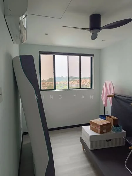Room features: light green painted walls, laminate flooring, 5-blade ceiling fan, floor-to-ceiling window, curtains, mattress leaning against wall, boxes on floor, clothes rack with pink clothing; style: modern; view: city.