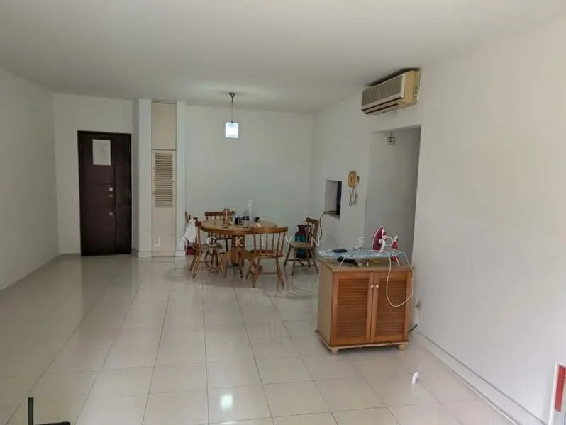 Living features: white painted walls, glossy ceramic tile flooring, ceiling-mounted light fixture, wall-mounted split AC, wooden dining table with chairs, wooden sideboard, iron with ironing board, TV console, open layout, neutral decor; style: modern.