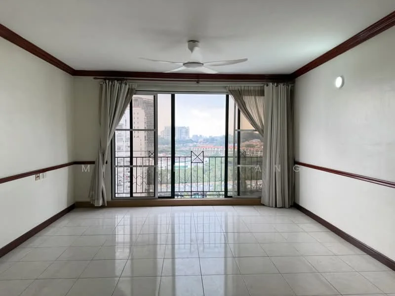 Living features: white painted walls, glossy ceramic tile flooring, 5-blade ceiling fan, floor-to-ceiling windows, sliding glass door, sheer curtains, wooden skirting, balcony view of city skyline; style: modern; view: city.
