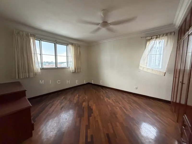 Room features: wooden flooring, white painted walls, ceiling fan, two windows with sheer curtains, built-in wardrobe, corner desk or shelf, natural light from windows, city view from windows; view: city.