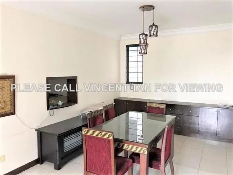 Dining features: glass dining table, 6 upholstered dining chairs in red, wooden sideboard with storage, wall-mounted TV console, decorative wall art, white painted walls, tile flooring, window with grid pattern, hanging pendant light; style: modern.