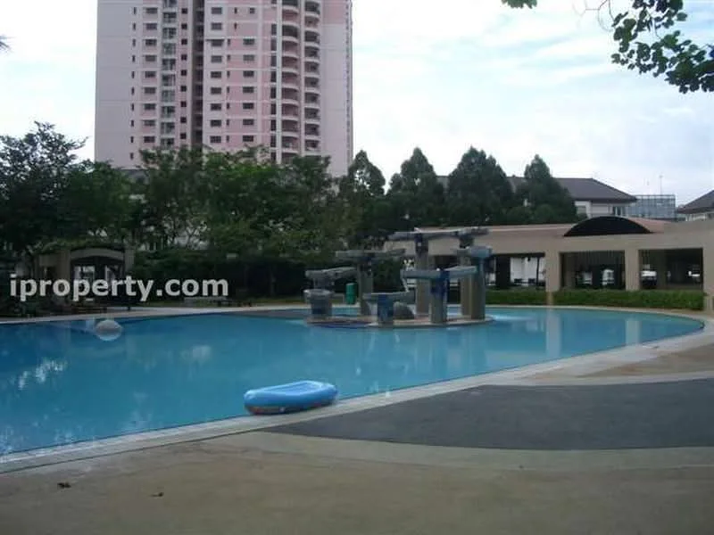 Exterior type: swimming pool deck; features: infinity pool, pool deck with loungers, landscaped garden, mature trees, surrounding greenery, water features, children's splash area, paved walkway; style: modern.