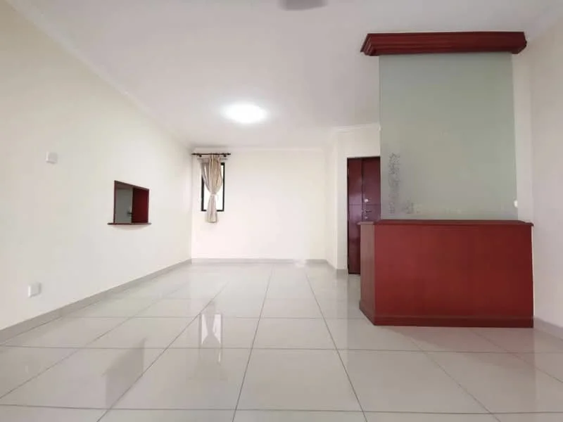 Room features: white painted walls, glossy ceramic tile flooring, recessed ceiling lights, large window with sheer curtains, wooden feature wall, open layout, neutral color scheme, no visible furniture; style: modern.
