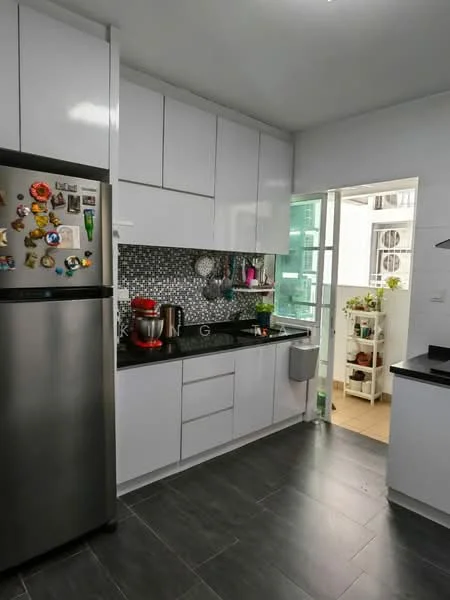 Kitchen features: white cabinetry, black granite countertop, stainless-steel fridge, built-in oven, mosaic tile backsplash, single-bowl stainless-steel sink, chrome pull-down faucet, kitchen island, wall-mounted storage, floor-to-ceiling windows, grey ceramic tile flooring, recessed downlights; style: modern; view: garden.