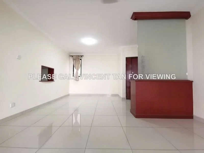 Living features: white painted walls, glossy ceramic tile flooring, recessed ceiling lights, built-in wooden counter, large window with sheer curtains, open layout, neutral color scheme, no visible furniture; style: modern.