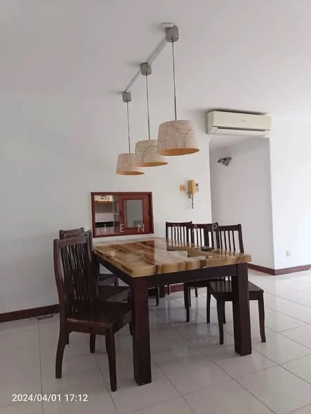 Dining features: wooden dining table with polished surface, 4 wooden dining chairs, 3 pendant lights with fabric shades, wall-mounted air conditioning unit, white painted walls, ceramic tile flooring, decorative wall sconce, open space layout; style: modern.