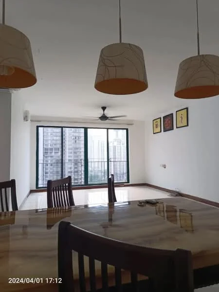 Dining features: marble dining table, wooden dining chairs, 5-blade ceiling fan with light, recessed downlights, floor-to-ceiling windows, city view, cream painted walls, light-colored tiled flooring, decorative wall art; style: modern; view: city.