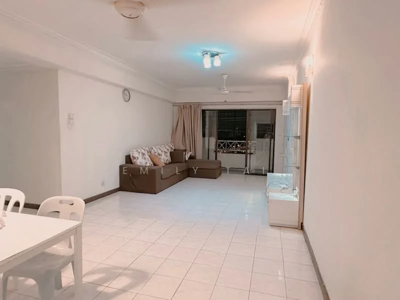 Living features: white painted walls, white tiled flooring, ceiling fan with light, 3-seater fabric sofa in brown, 2-seater fabric sofa in beige, glass display cabinet, dining table with white chairs, curtains, wall clock, sliding glass door to balcony; style: modern; view: city.