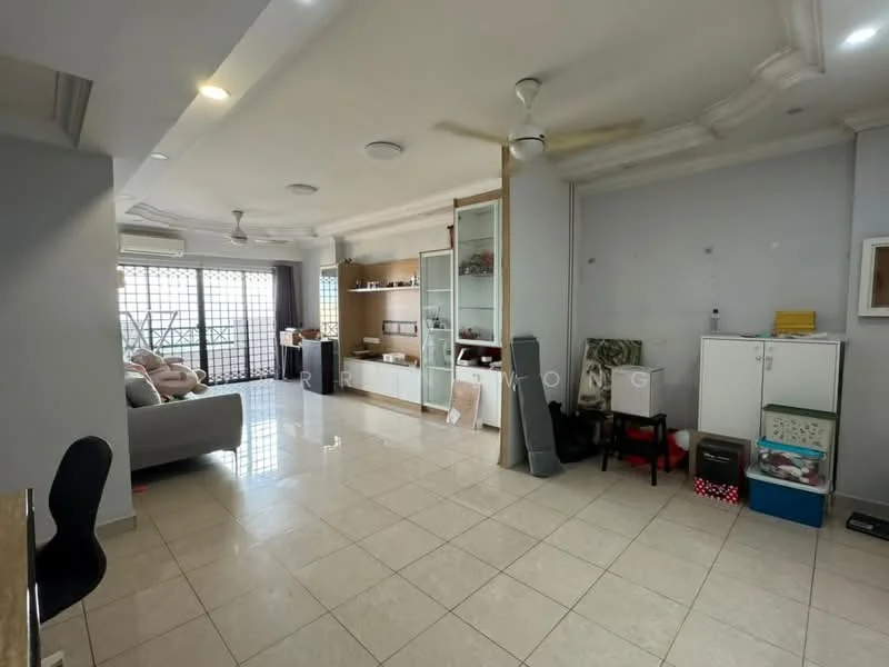 Living features: cream painted walls, white ceiling with crown moulding, marble tile flooring, 5-blade ceiling fan with light, floor-to-ceiling windows, sliding glass door, built-in shelving unit, sofa in light grey, coffee table, decorative items on shelves, air conditioning unit; style: modern; view: city.