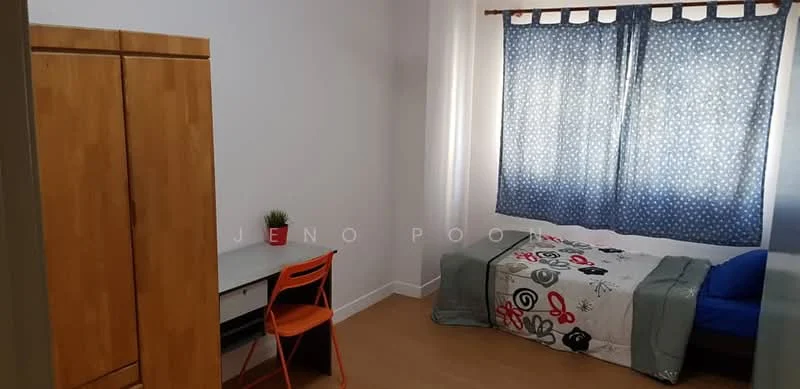 Bedroom features: single bed with bedding, blue upholstered sofa, wooden wardrobe, desk with chair, window with blue polka dot curtains, laminate flooring, decorative plant on desk, white walls; style: minimalist.