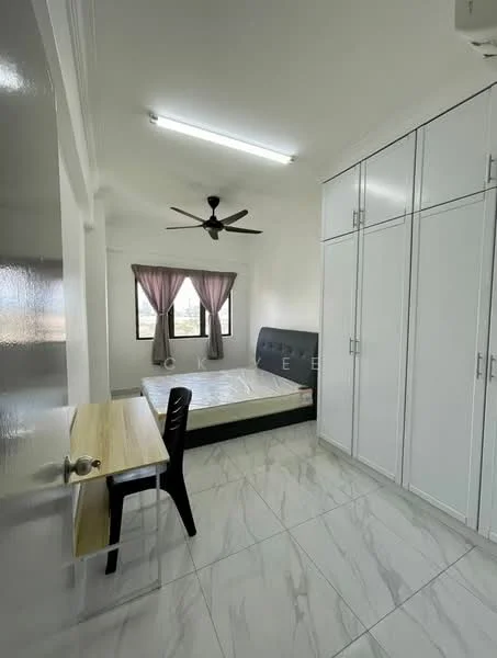 Bedroom features: queen-size bed, upholstered headboard, 2 bedside lamps, built-in wardrobe with sliding doors, study desk with chair, ceiling fan, white painted walls, marble tile flooring, floor-to-ceiling windows with sheer curtains; style: modern; view: city.
