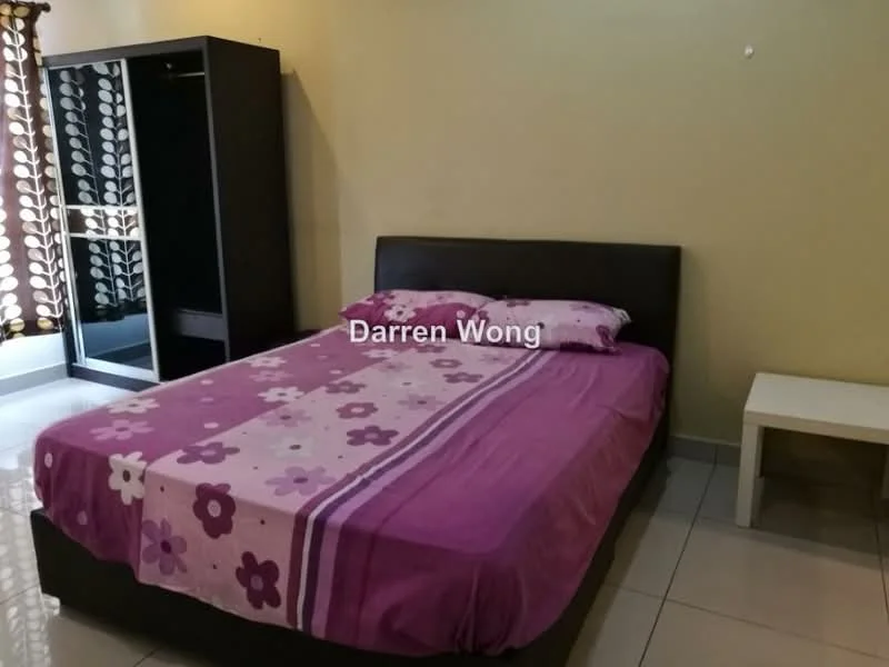 Bedroom features: queen-size bed with purple floral bedding, black upholstered bed frame, white bedside table, built-in wardrobe with sliding doors, floor-to-ceiling window, sheer curtains, cream painted walls, glossy tile flooring.